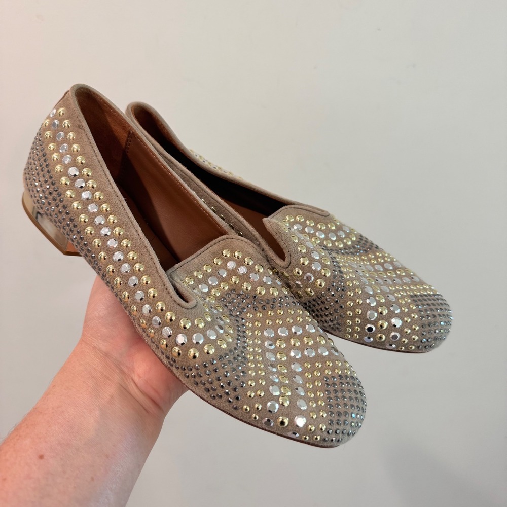 Donald J Pliner Henley Taupe Suede Studded Loafers Gold Silver Mixed Metal 7M